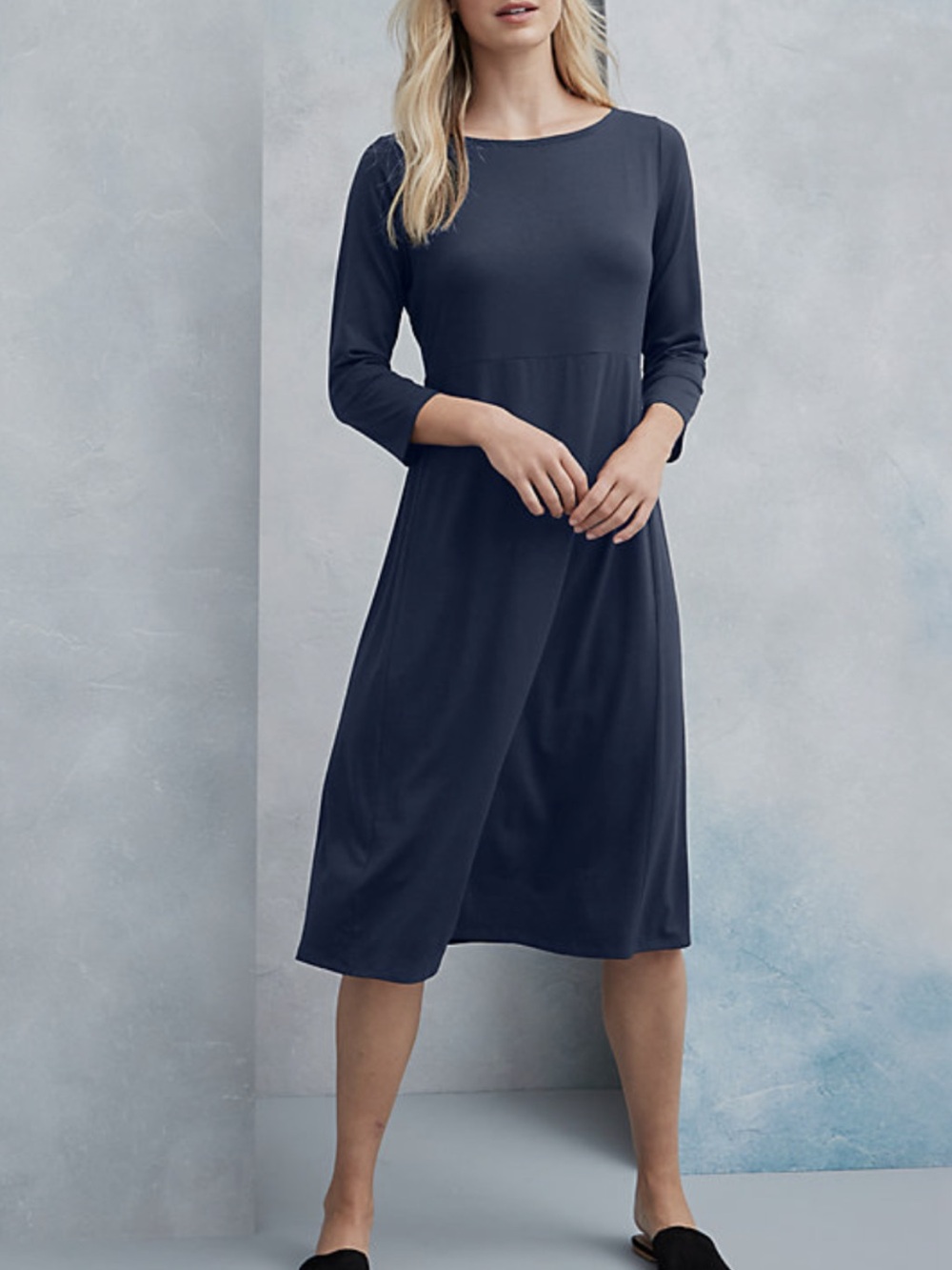 Eileen Fisher Bateau Neck 3/4 Sleeve Stretch Jersey Midi dress, PS, NWT